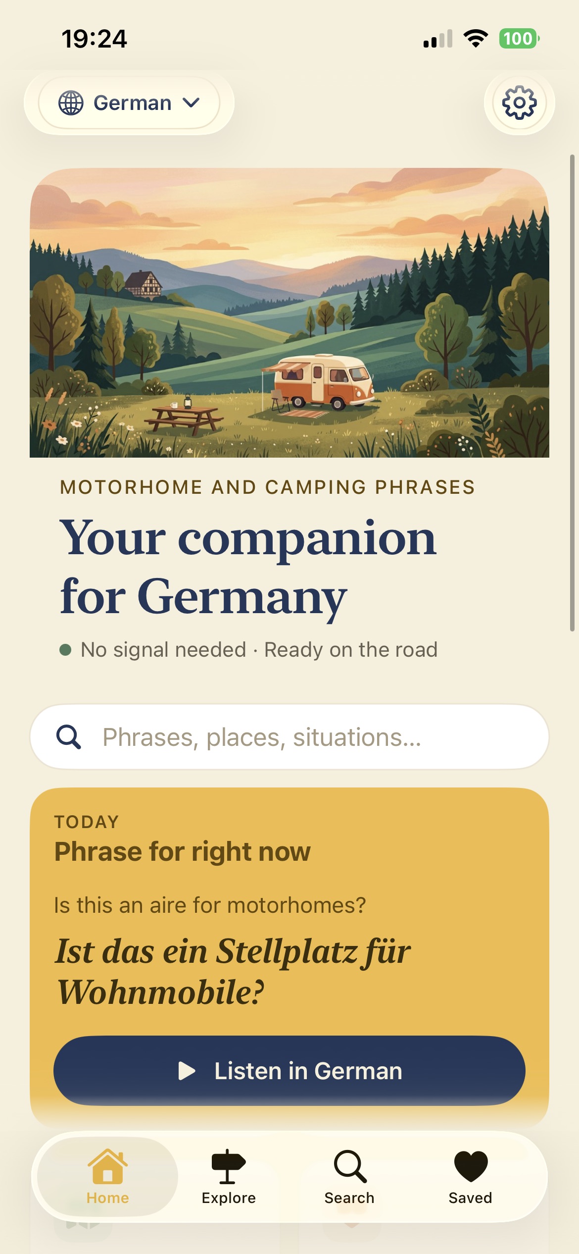 German language home screen in Motorhome & Camping Phrases