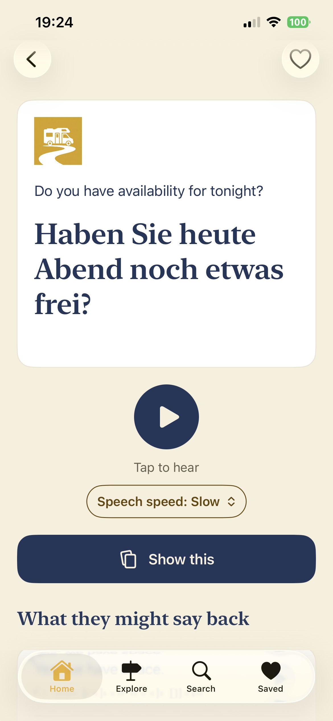 Phrase detail with audio, speech speed and Show this controls