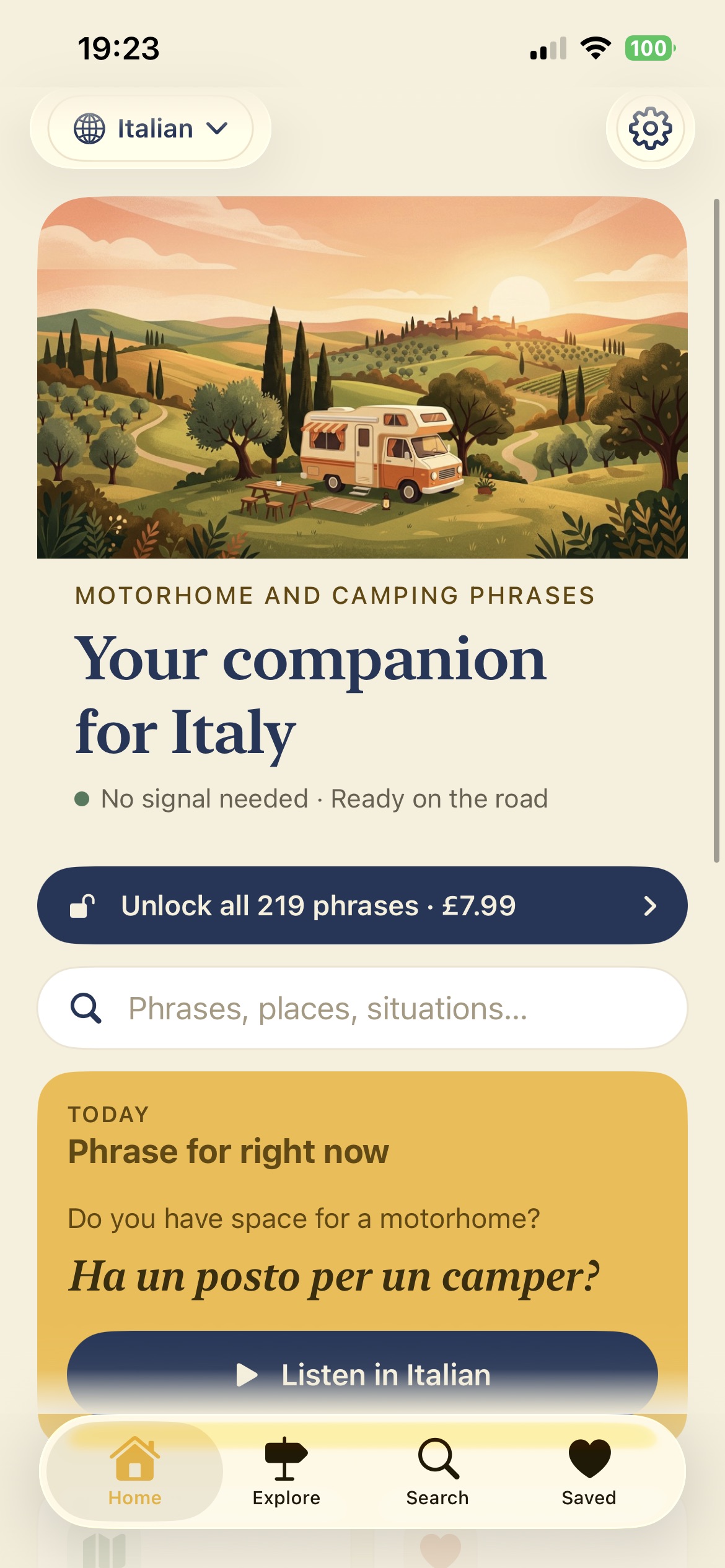 Italian language home screen in Motorhome & Camping Phrases