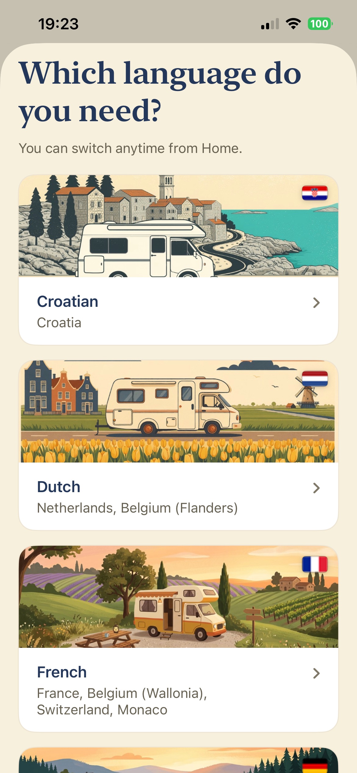 Motorhome & Camping Phrases selector showing Croatian, Dutch and French equally
